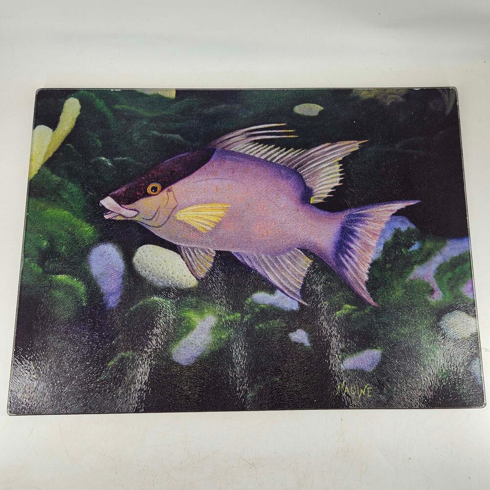 Tropical purple fish Glass Cutting Board w Non Slip Feet